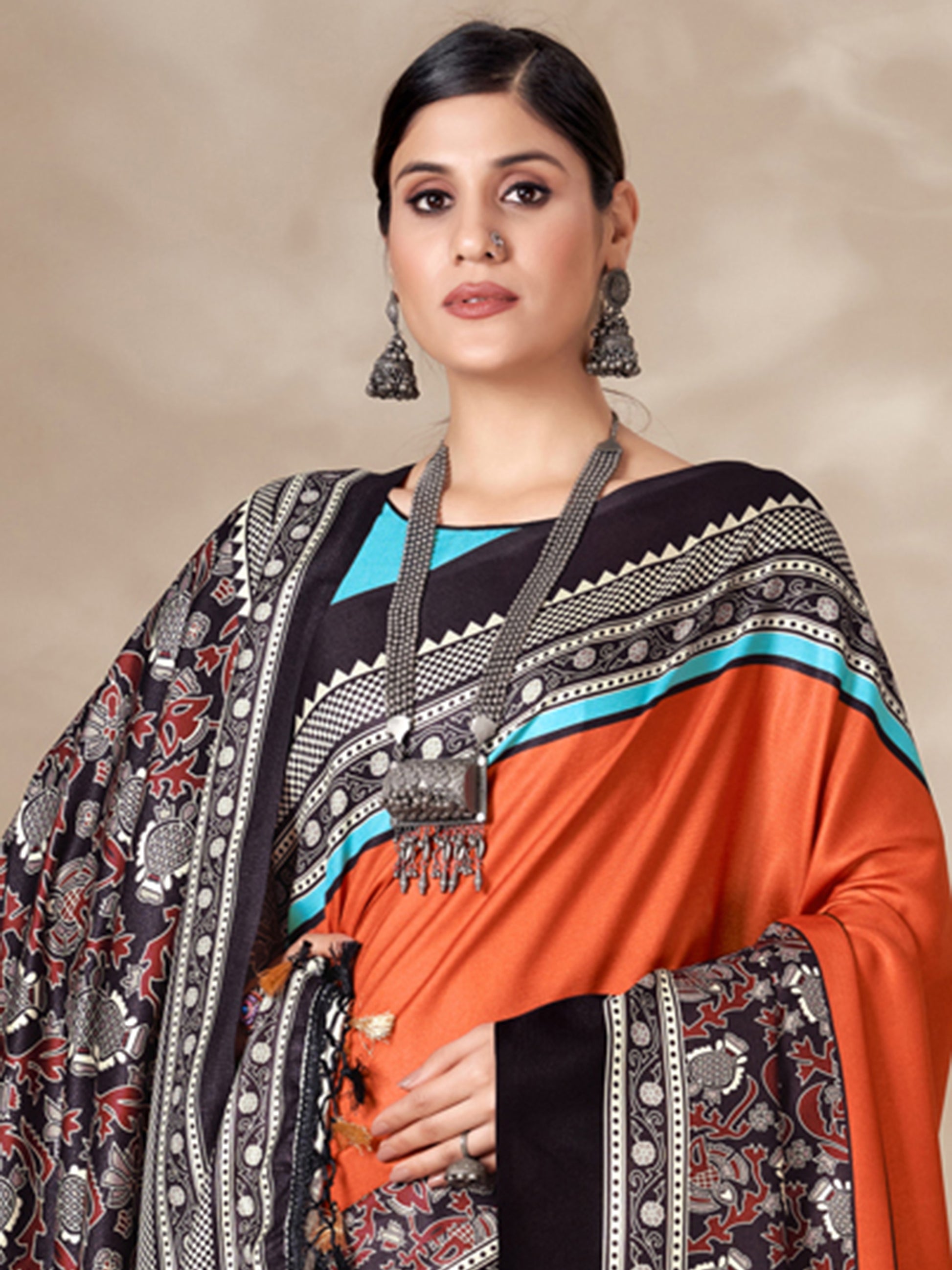 Adorable Orange Digital Printed Pashmina Event Wear Saree With Shawl