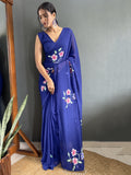 Attractive Blue Floral Print Georgette Pre Stitched Saree With Blouse