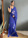 Attractive Blue Floral Print Georgette Pre Stitched Saree With Blouse