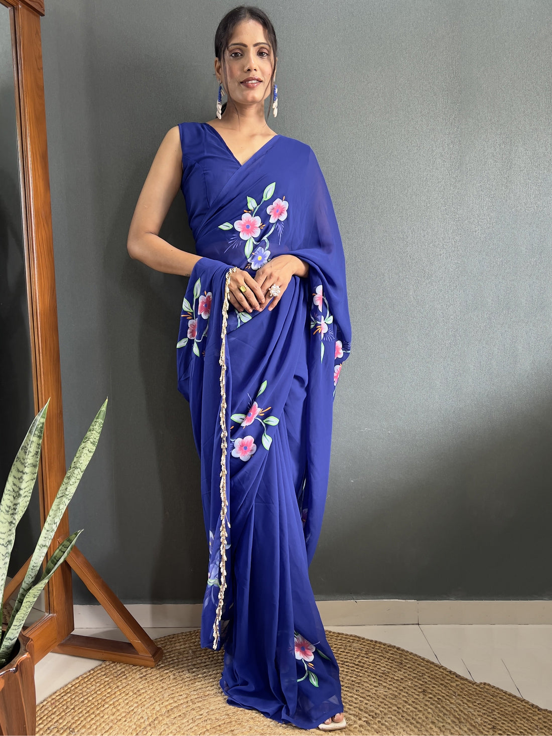 Attractive Blue Floral Print Georgette Pre Stitched Saree With Blouse