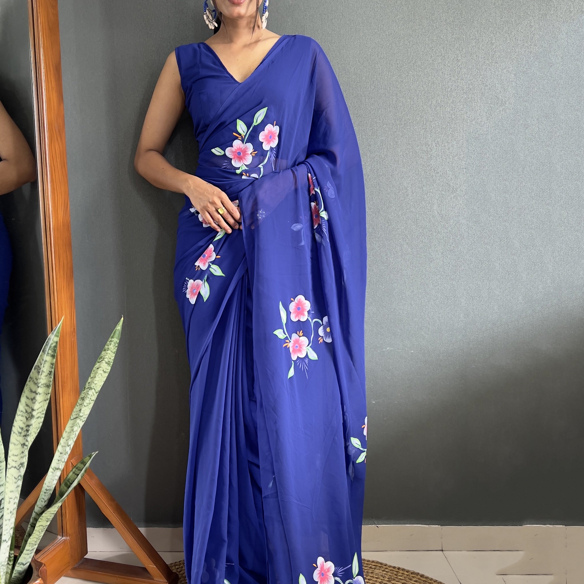 Attractive Blue Floral Print Georgette Pre Stitched Saree With Blouse