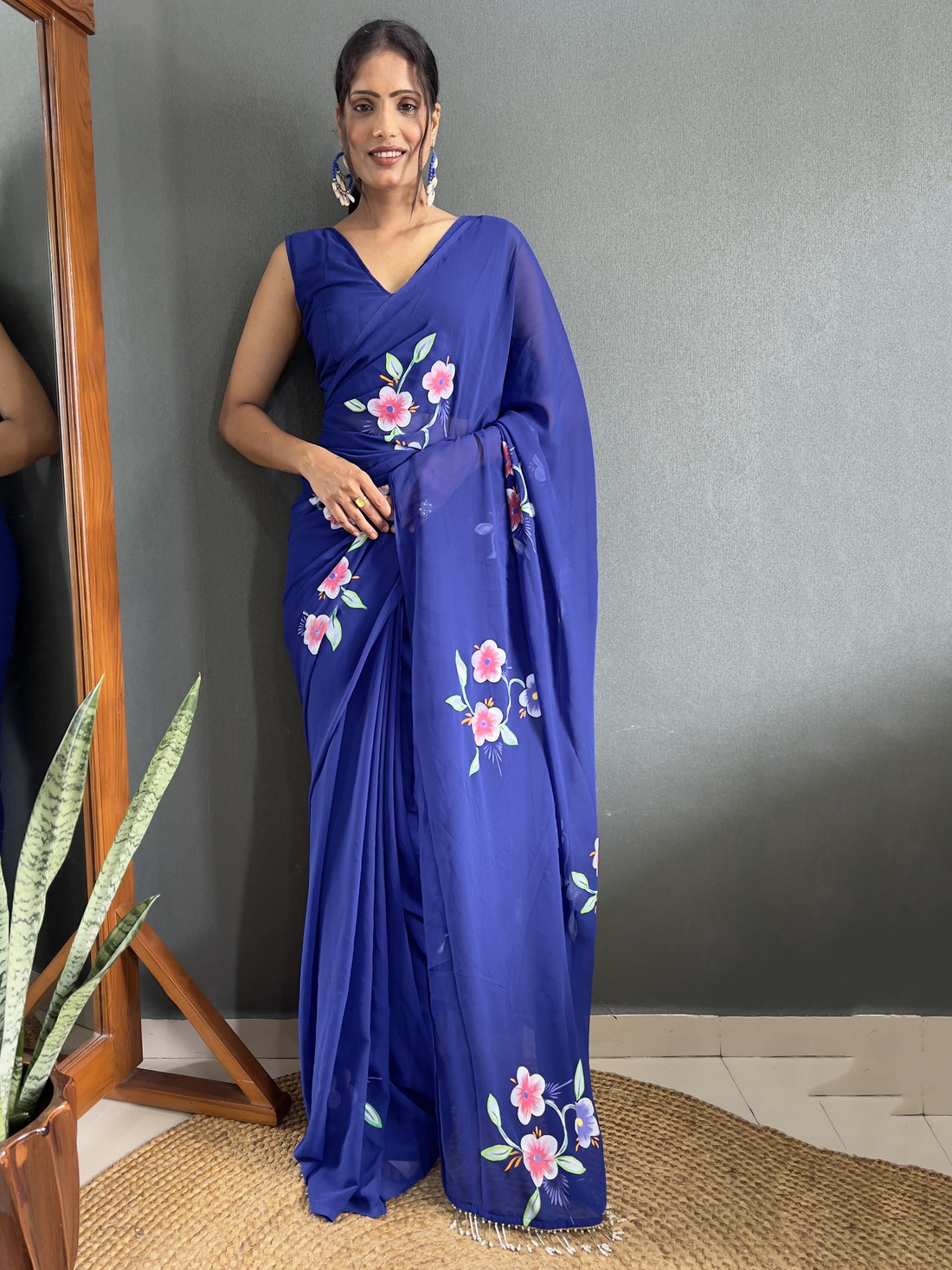 Attractive Blue Floral Print Georgette Pre Stitched Saree With Blouse