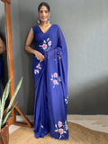 Attractive Blue Floral Print Georgette Pre Stitched Saree With Blouse