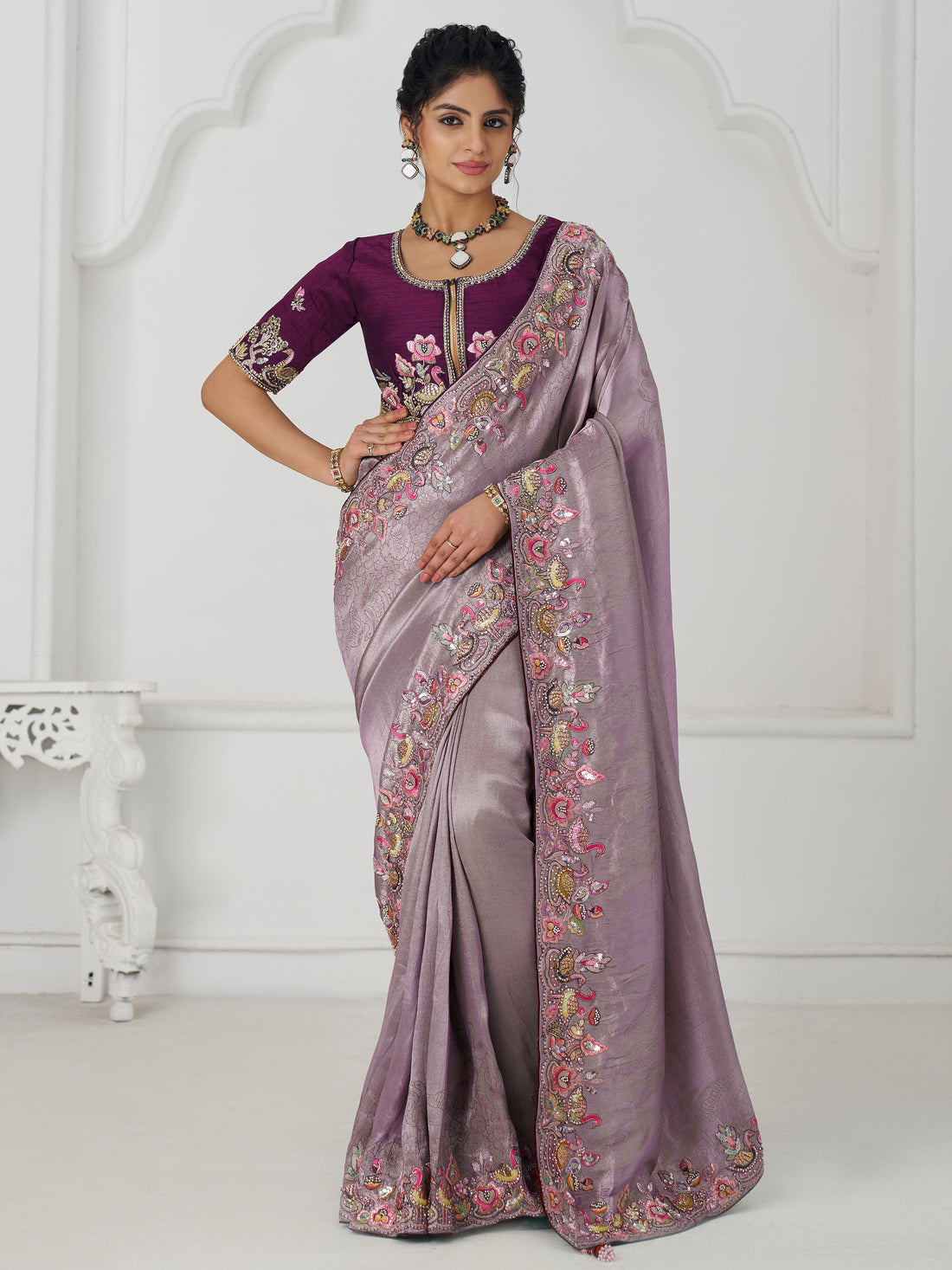 Adorable Mauve Thread Work Dola Silk Wedding Saree With Blouse