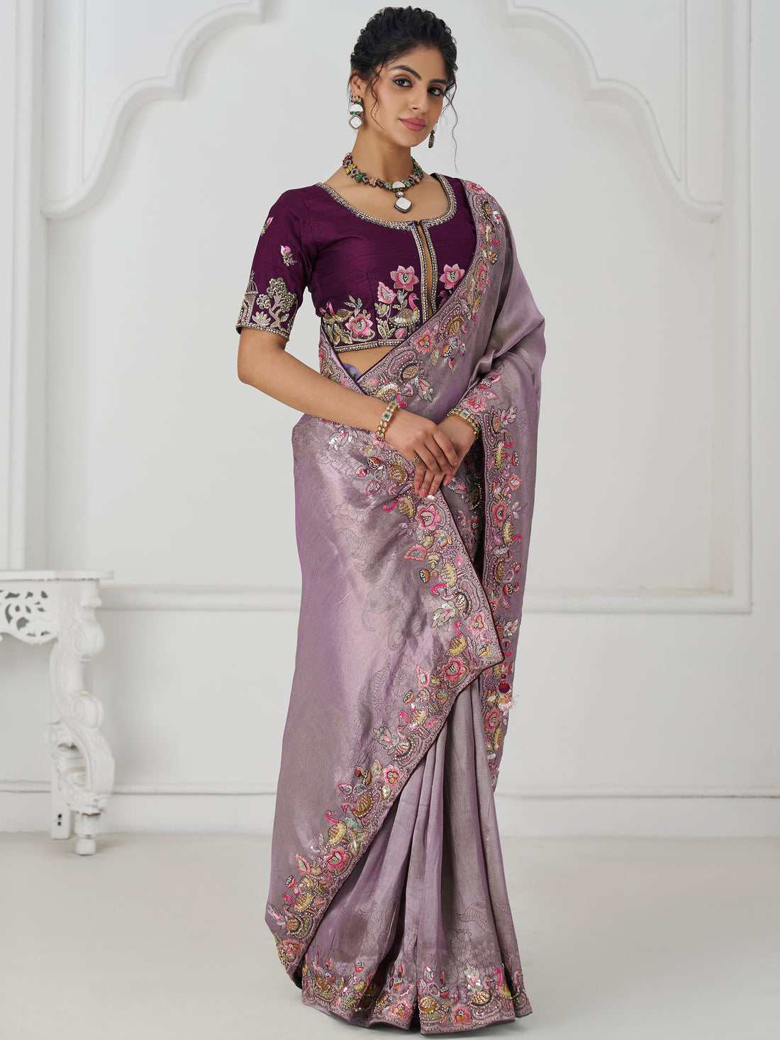 Adorable Mauve Thread Work Dola Silk Wedding Saree With Blouse