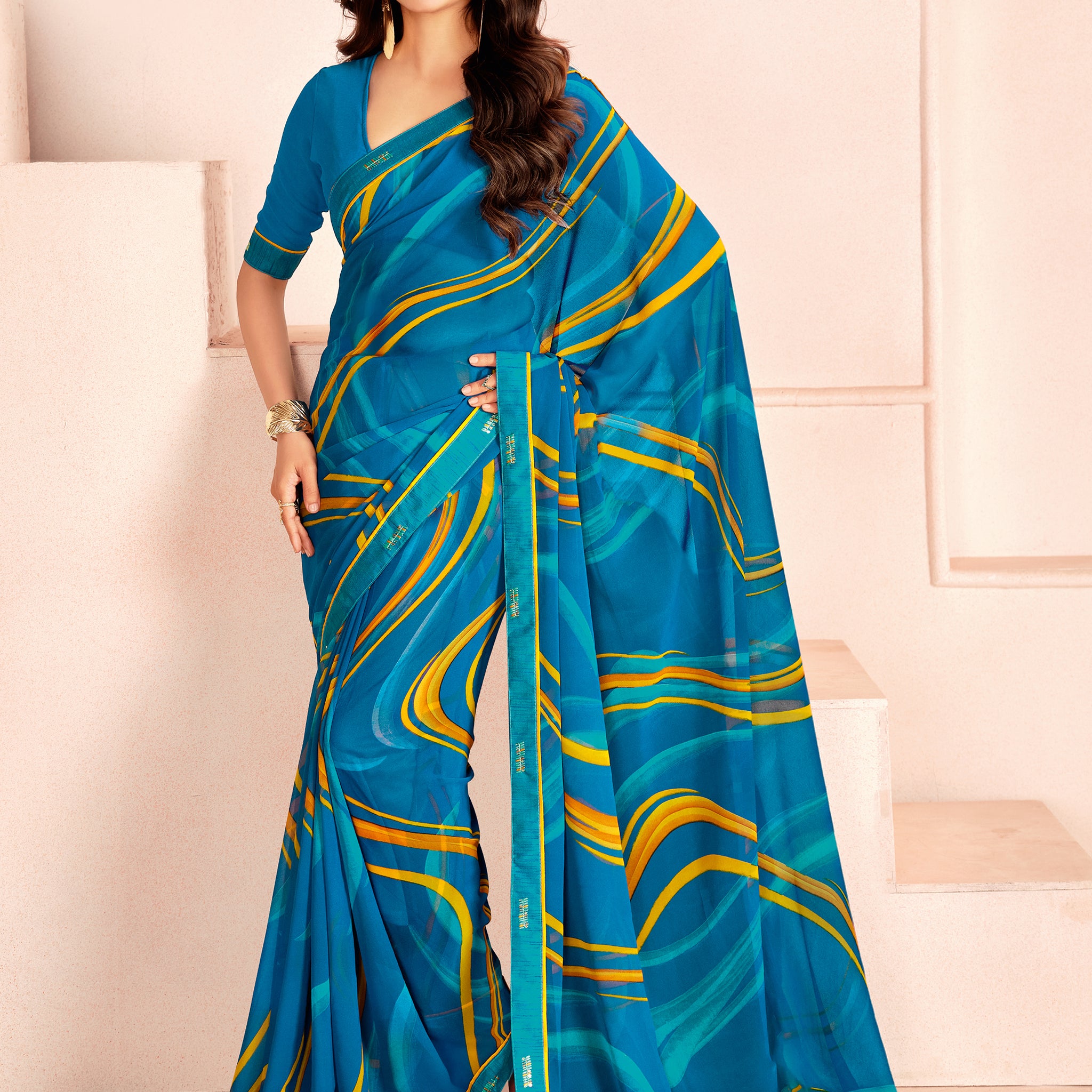 Glamorous Blue Digital Printed Georgette Casual Wear Saree With Blouse
