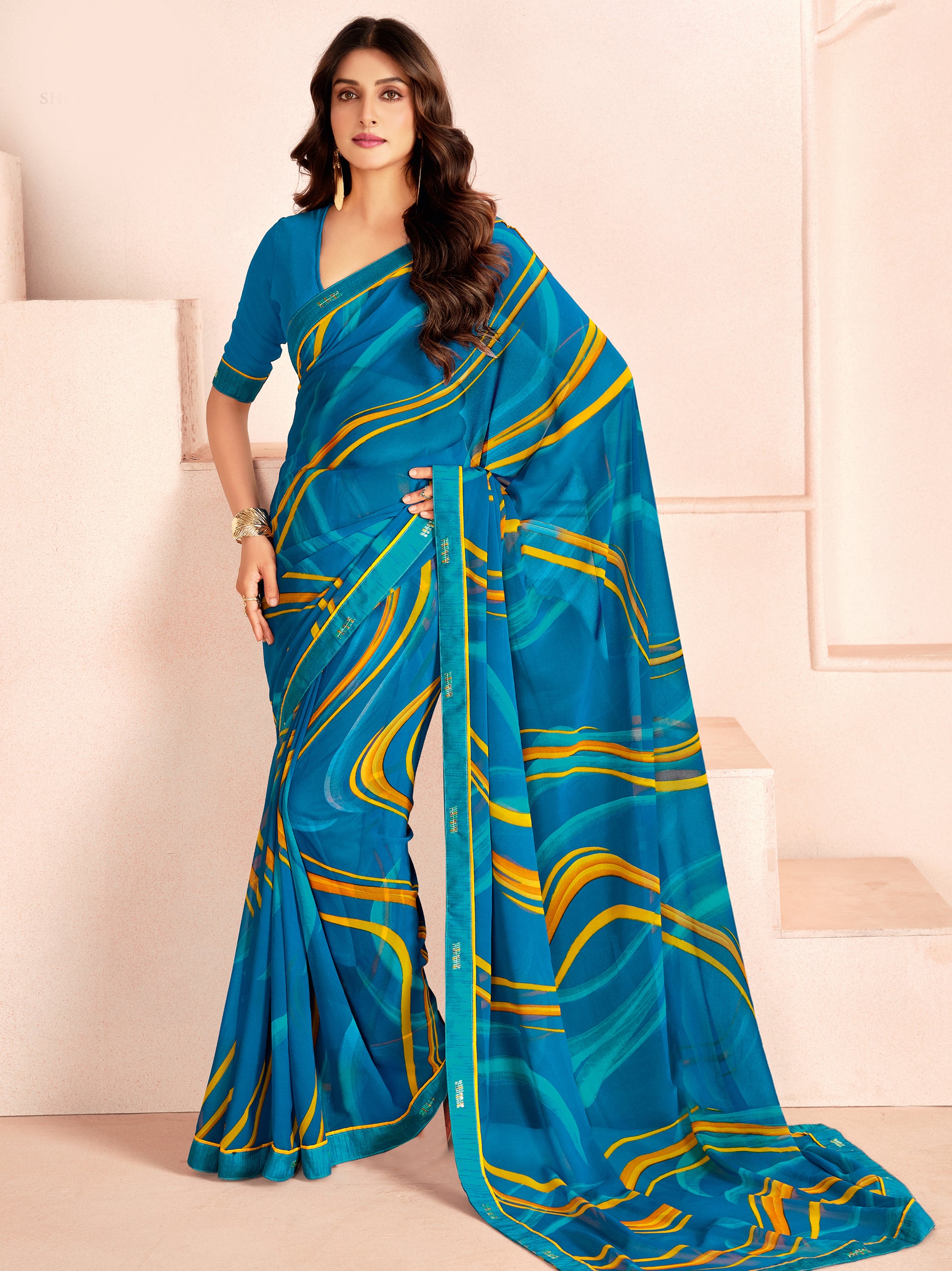 Glamorous Blue Digital Printed Georgette Casual Wear Saree With Blouse