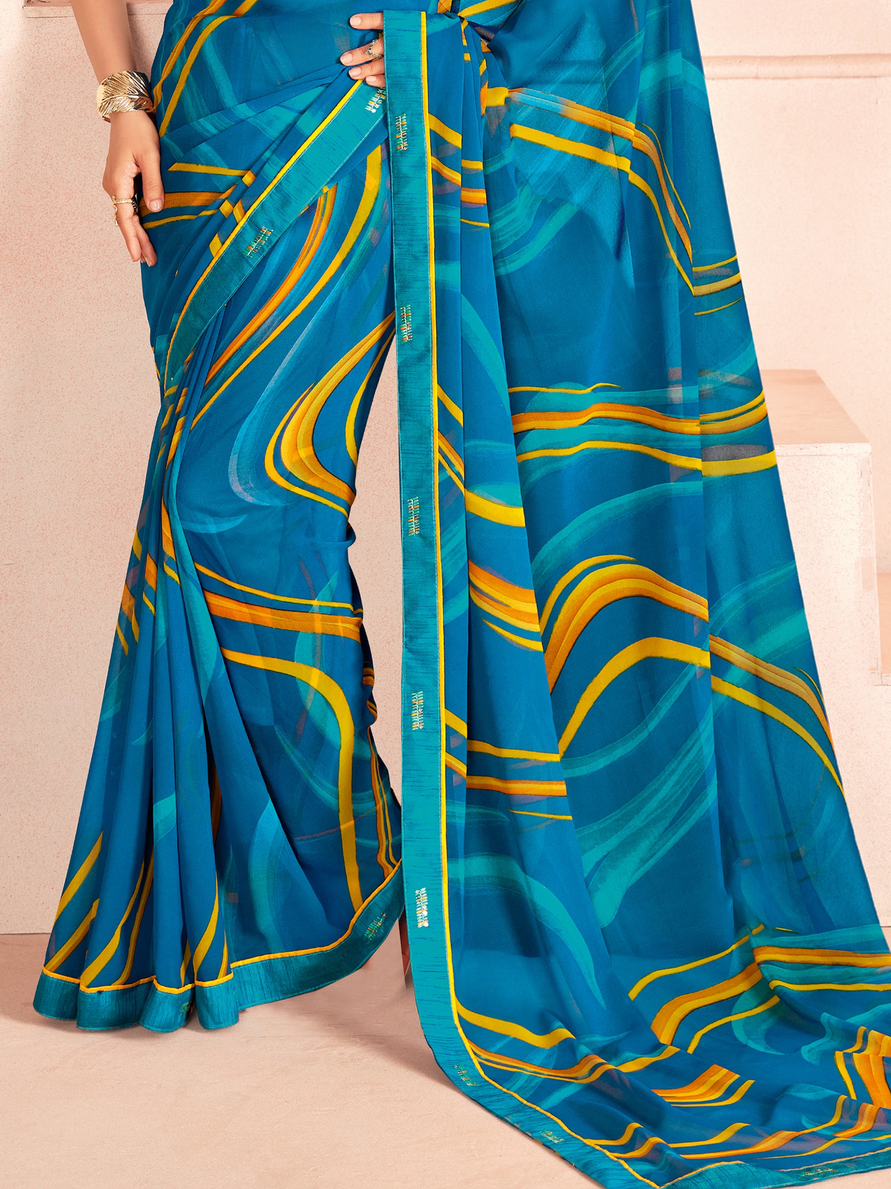 Glamorous Blue Digital Printed Georgette Casual Wear Saree With Blouse