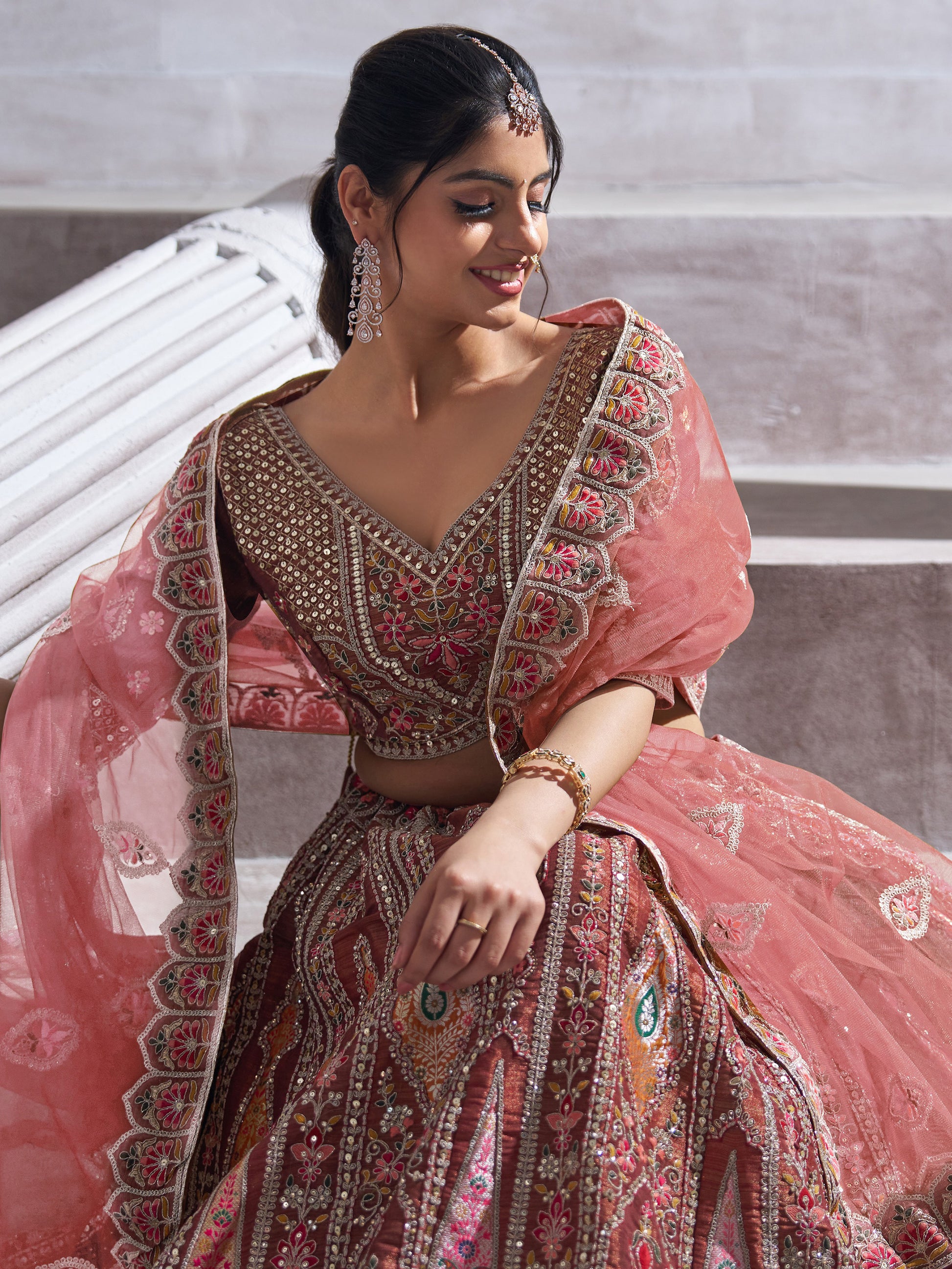 Amazing Brown Sequins Banarasi Silk Designer Lehenga Choli