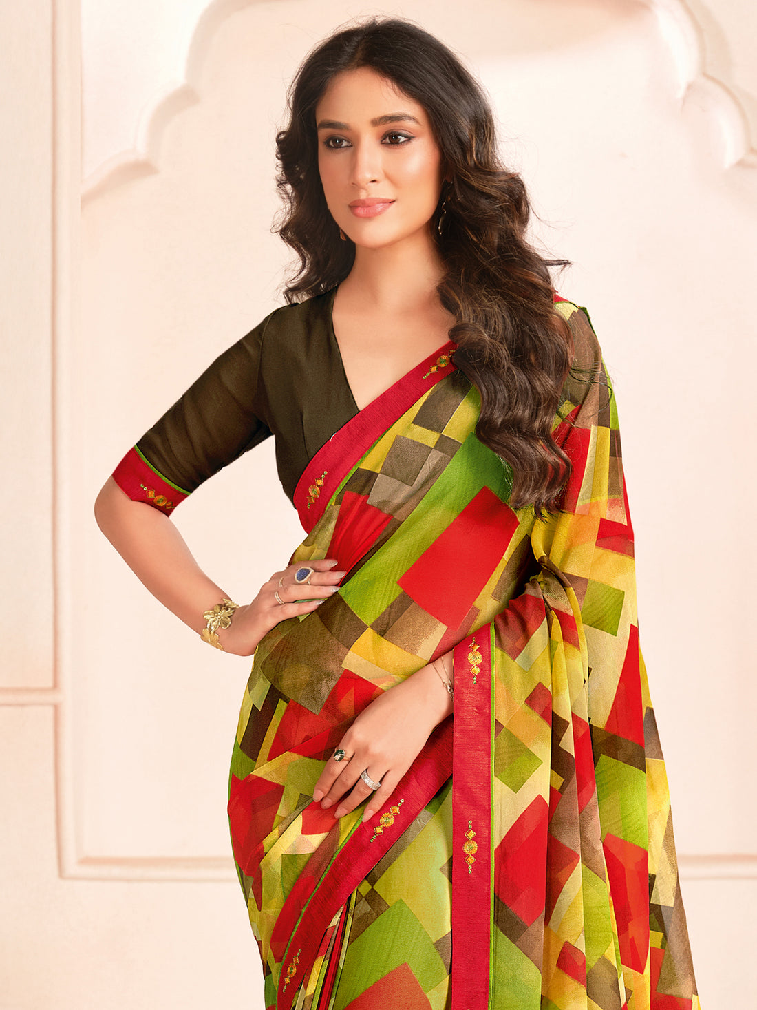 Outstanding Green Digital Printed Georgette Evening Wear Saree