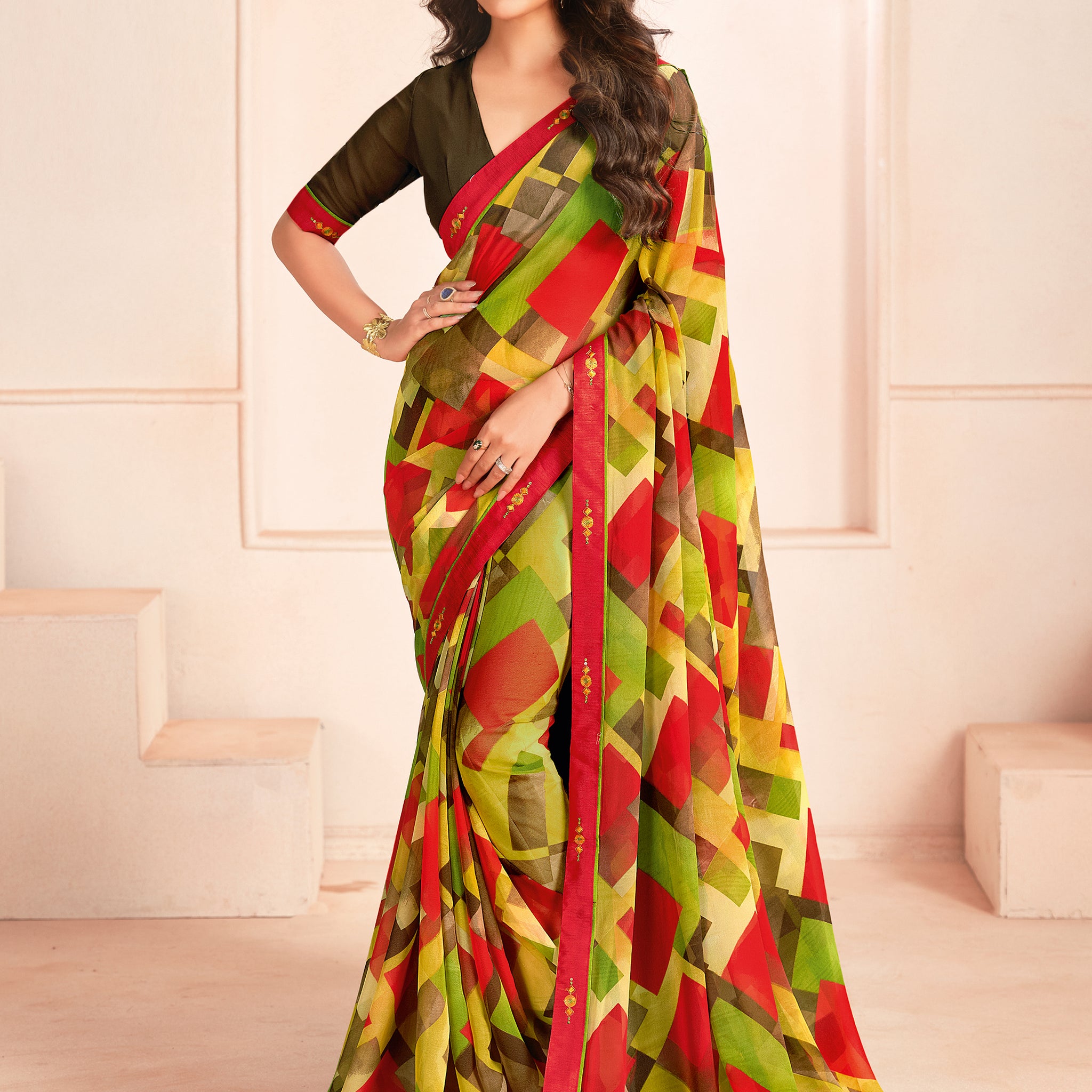 Outstanding Green Digital Printed Georgette Evening Wear Saree