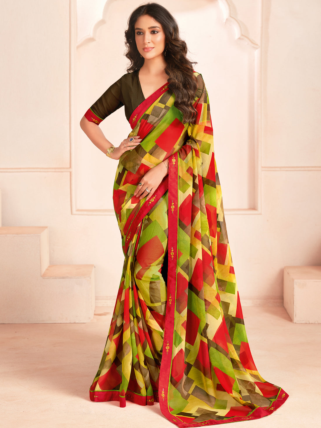 Outstanding Green Digital Printed Georgette Evening Wear Saree