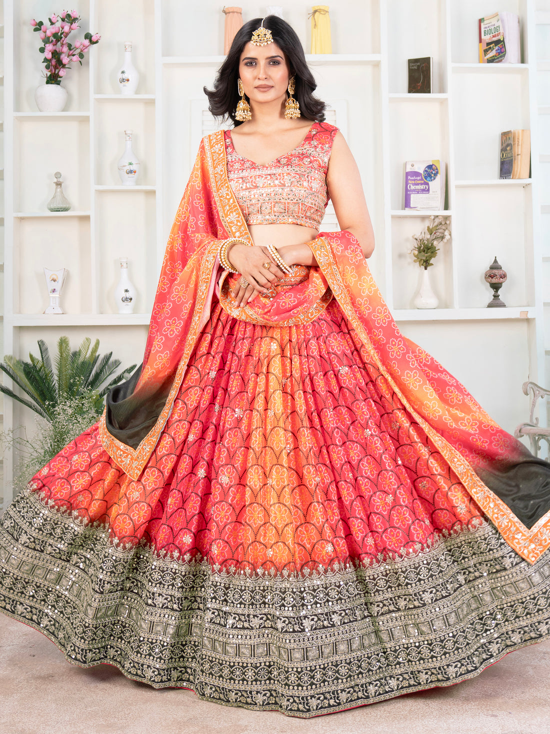 Amazing Multi-Color Bandhni Printed Chinon Wedding Lehenga Choli 
