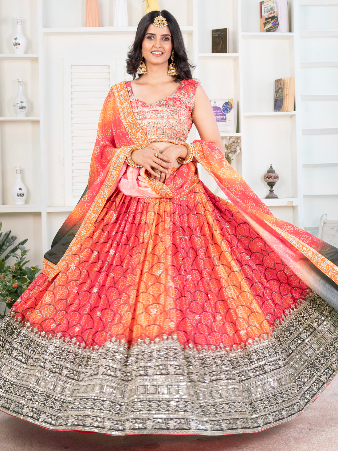 Amazing Multi-Color Bandhni Printed Chinon Wedding Lehenga Choli 

