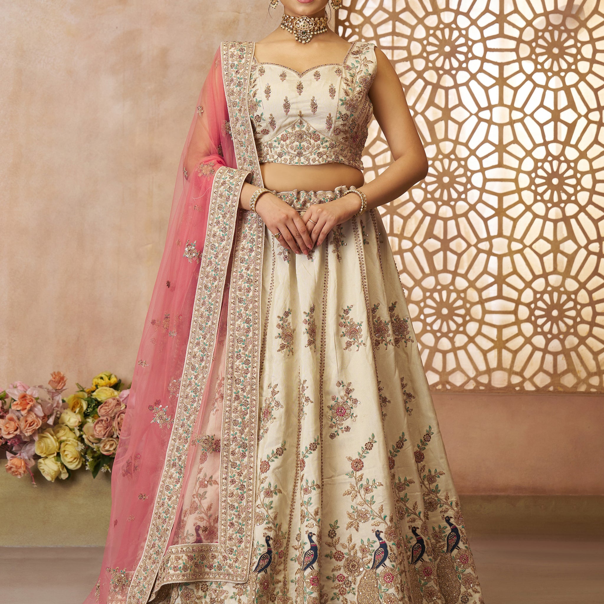 Amazing Off-White Thread Embroidered Silk Lehenga Choli With Dupatta