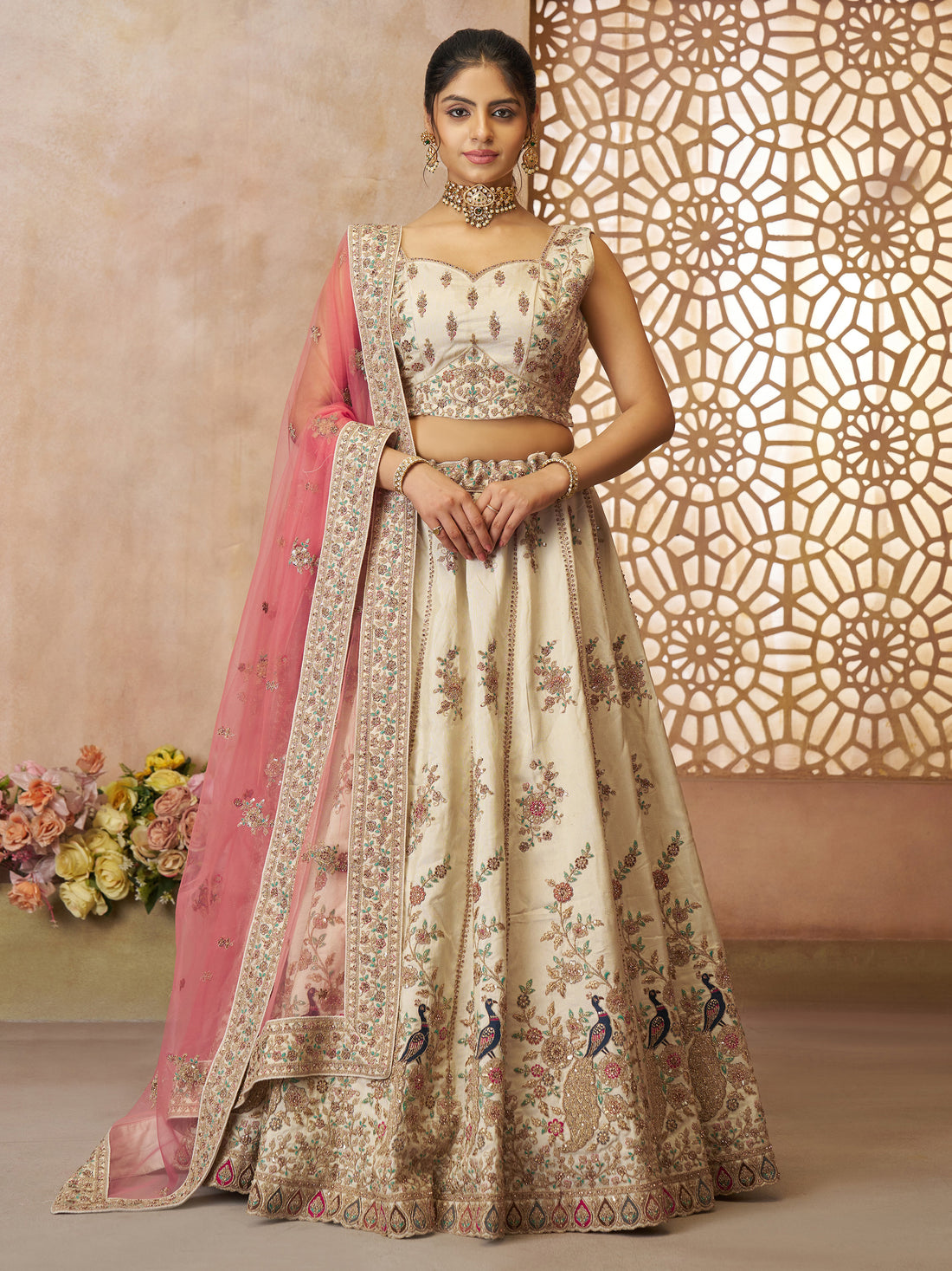 Amazing Off-White Thread Embroidered Silk Lehenga Choli With Dupatta