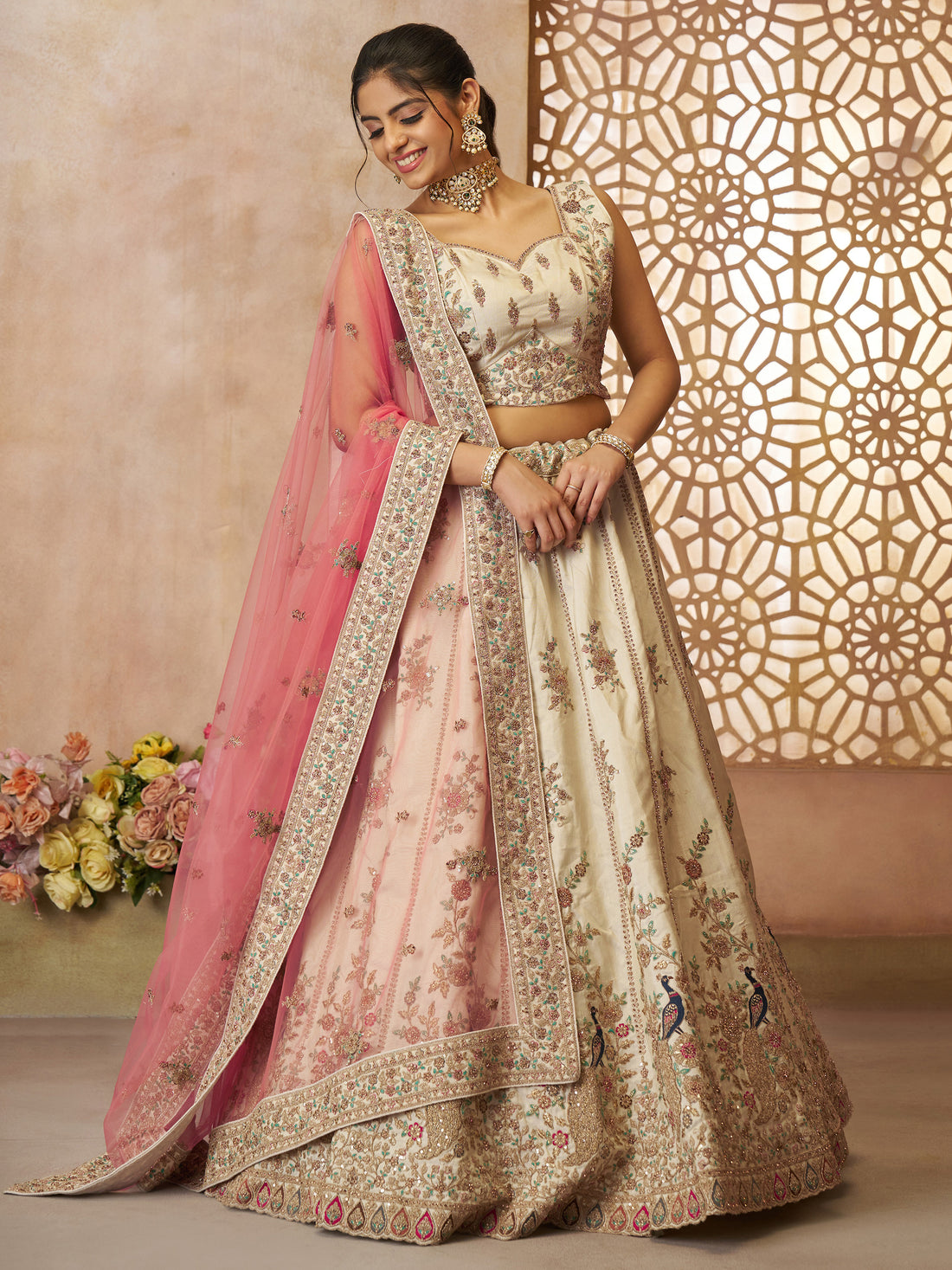 Amazing Off-White Thread Embroidered Silk Lehenga Choli With Dupatta