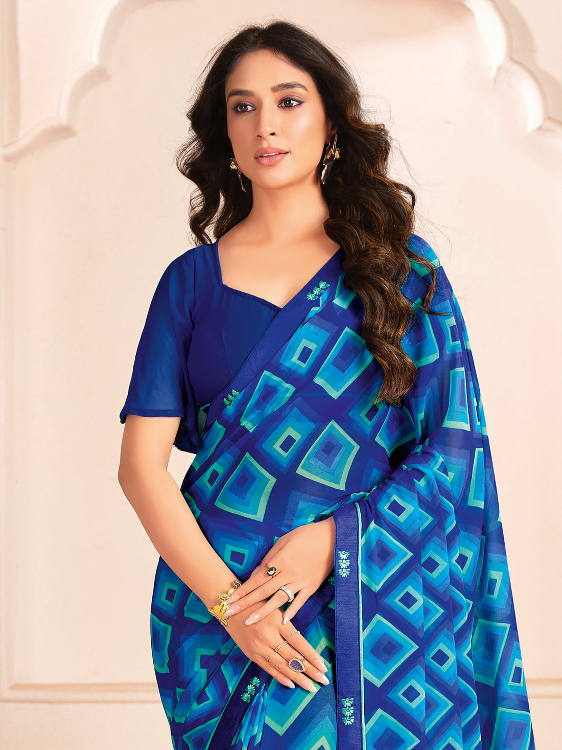 Bewitching Blue Digital Printed Georgette Casual Wear Saree With Blouse