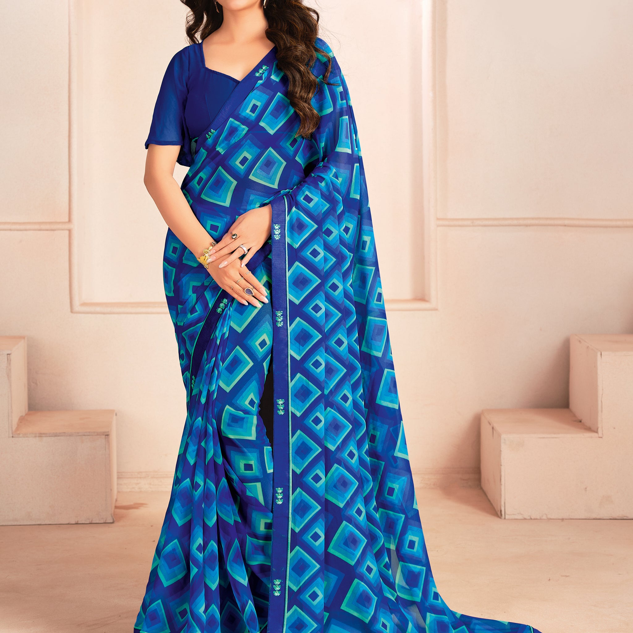 Bewitching Blue Digital Printed Georgette Casual Wear Saree With Blouse