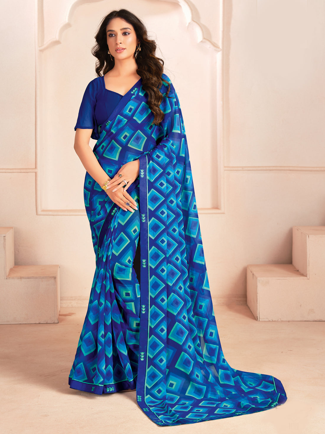 Bewitching Blue Digital Printed Georgette Casual Wear Saree With Blouse