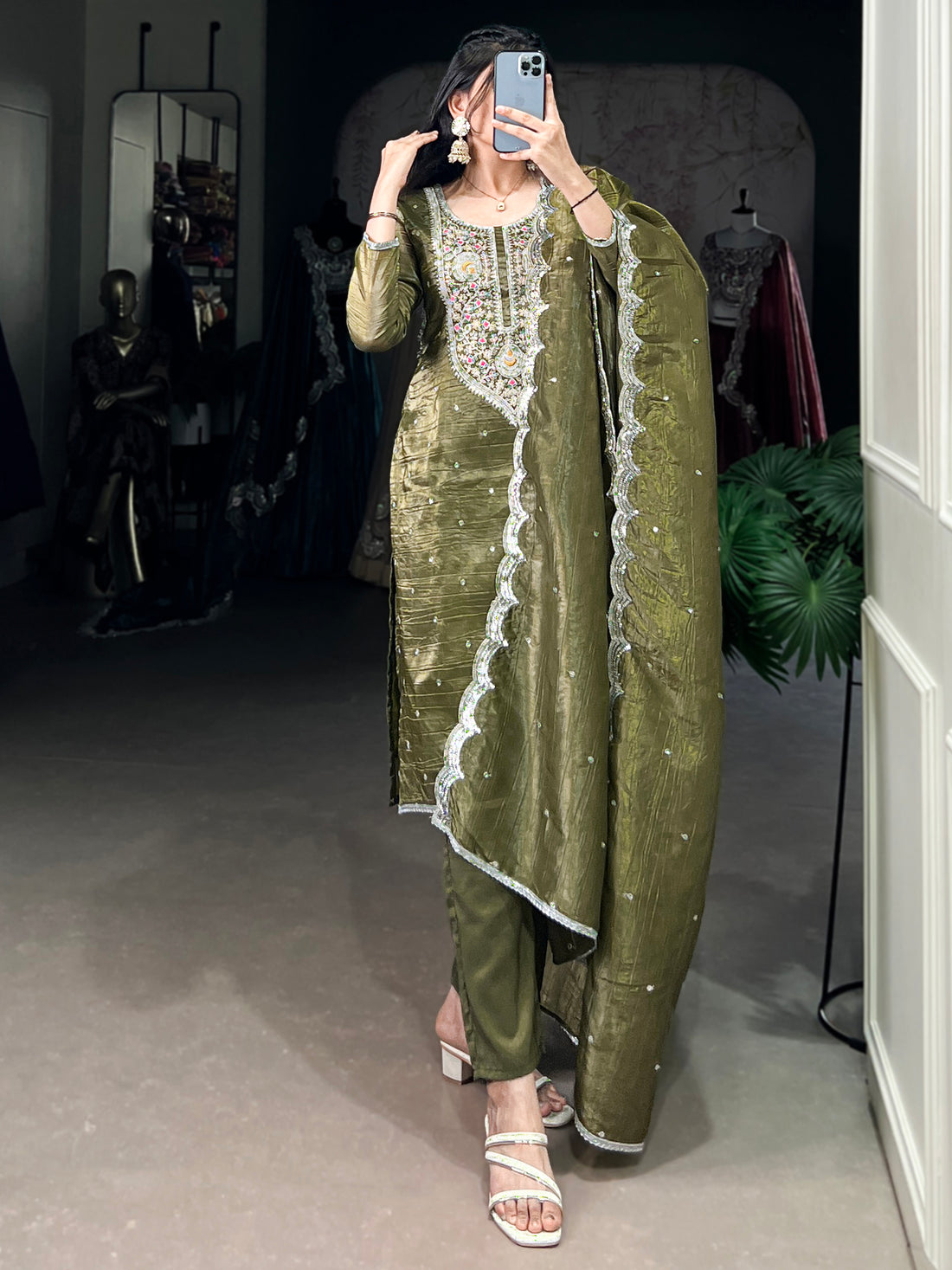 Stunning Olive Green Sequins Crush Silk Party Wear Pant Suit With Dupatta