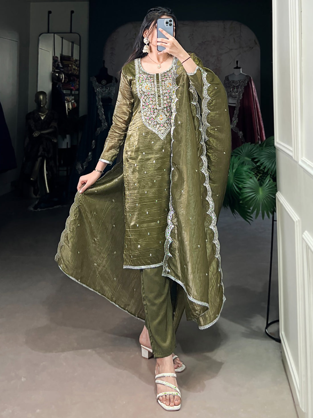 Stunning Olive Green Sequins Crush Silk Party Wear Pant Suit With Dupatta