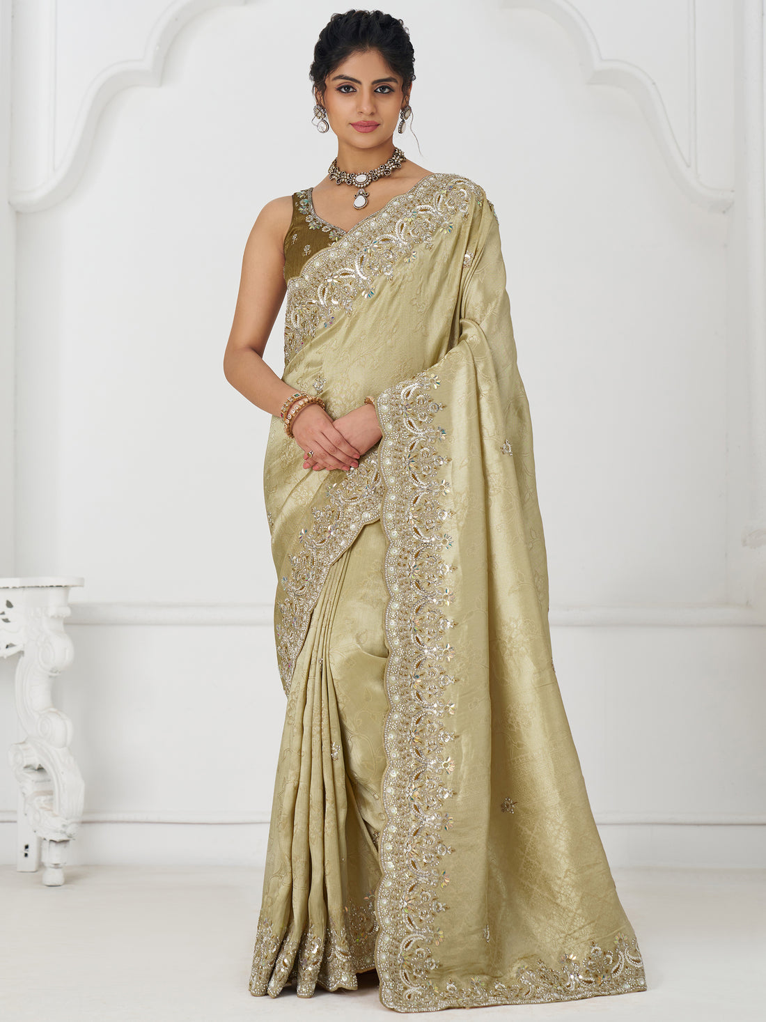 Astonishing Pista Green Dola Silk Sequins Wedding Wear Saree