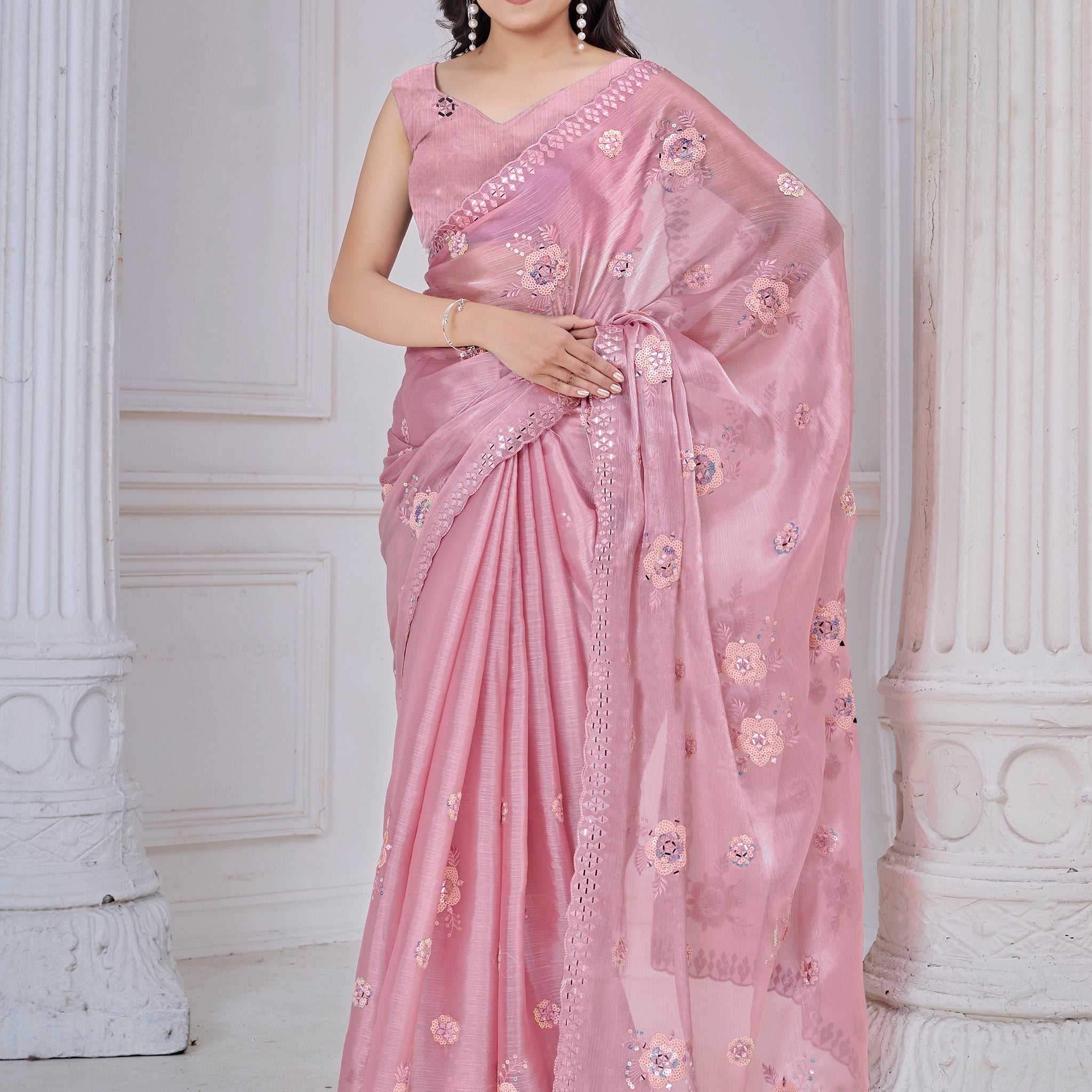 Ravishing Baby Pink Mirror Work Organza Silk Party Wear Saree With Blouse