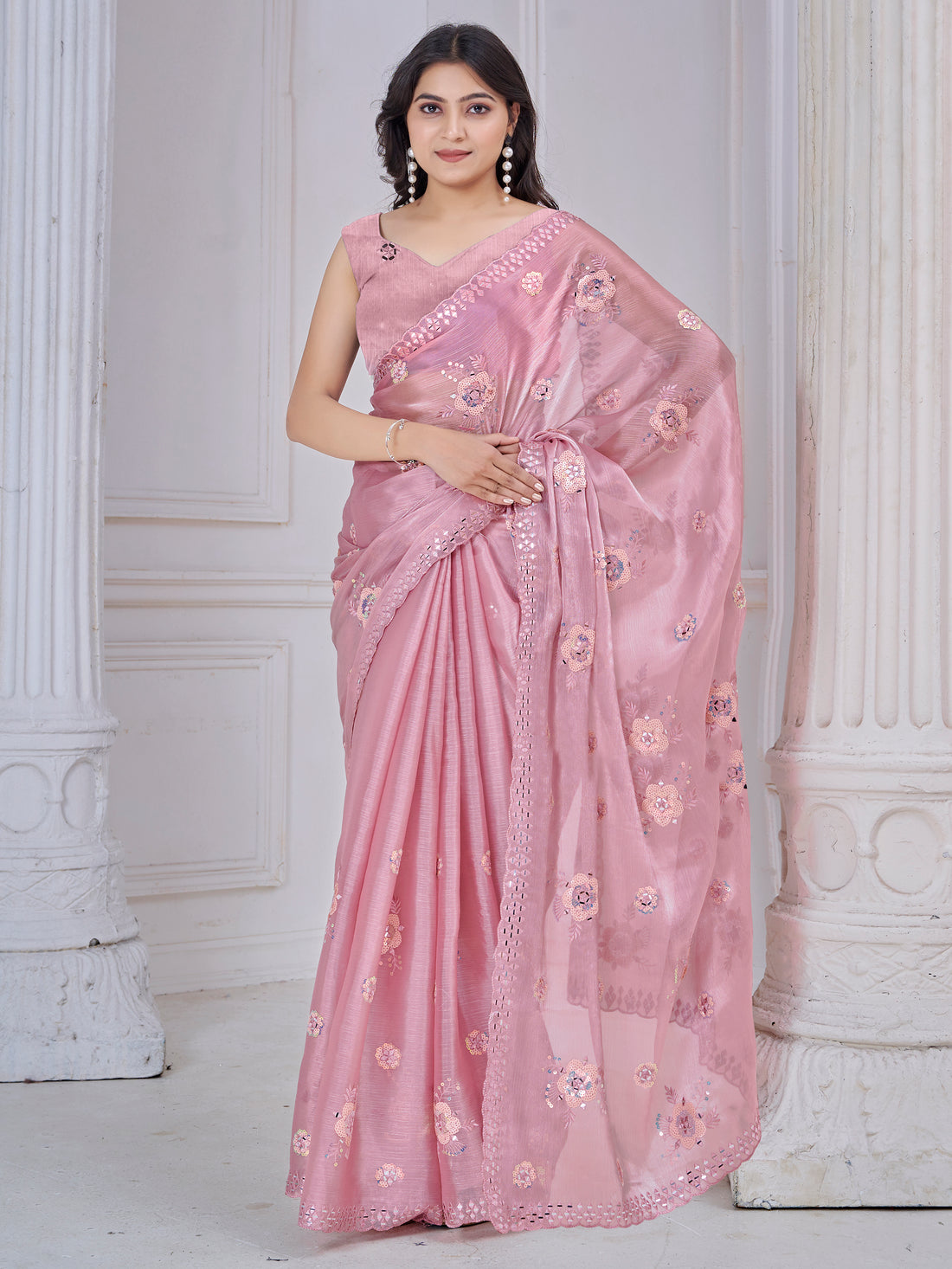 Ravishing Baby Pink Mirror Work Organza Silk Party Wear Saree With Blouse