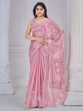 Ravishing Baby Pink Mirror Work Organza Silk Party Wear Saree With Blouse