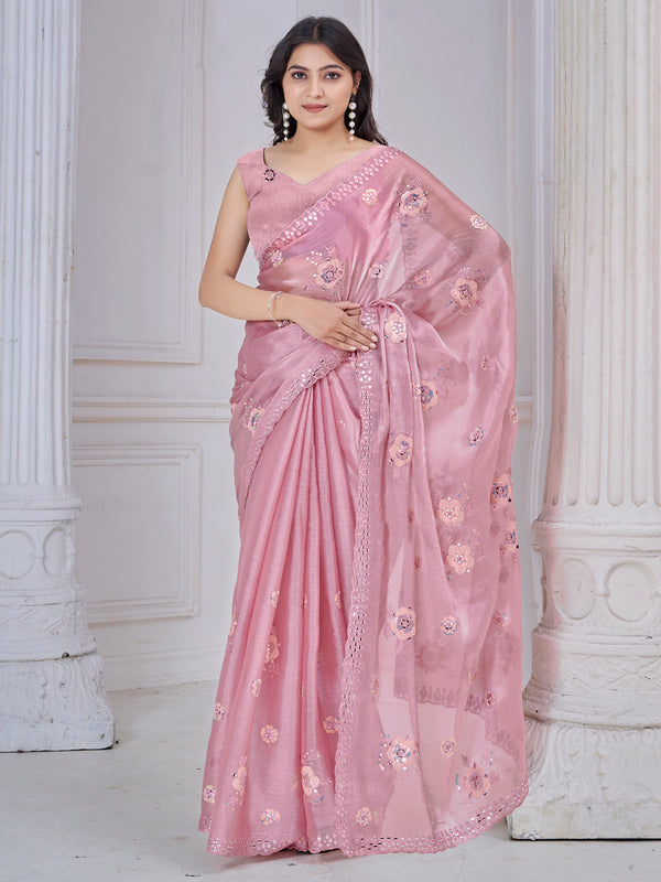 Ravishing Baby Pink Mirror Work Organza Silk Party Wear Saree With Blouse