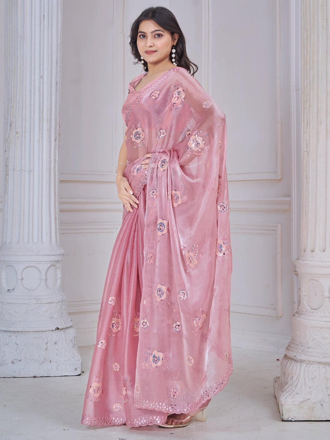 Ravishing Baby Pink Mirror Work Organza Silk Party Wear Saree With Blouse