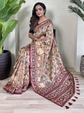 Attractive Cream Pichwai Printed Viscose Silk Saree With Blouse