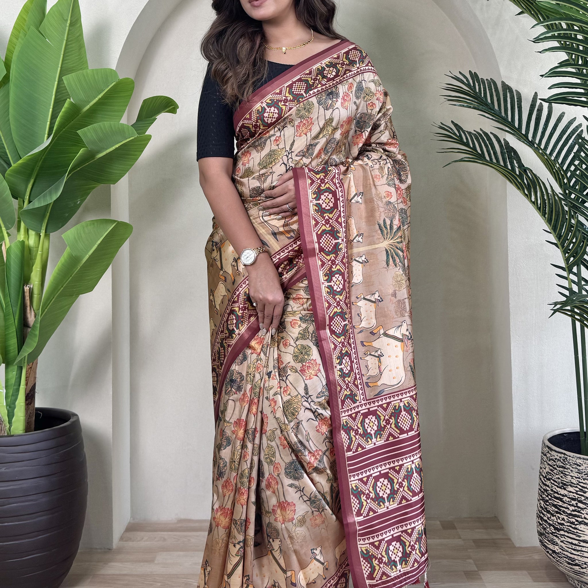 Attractive Cream Pichwai Printed Viscose Silk Saree With Blouse