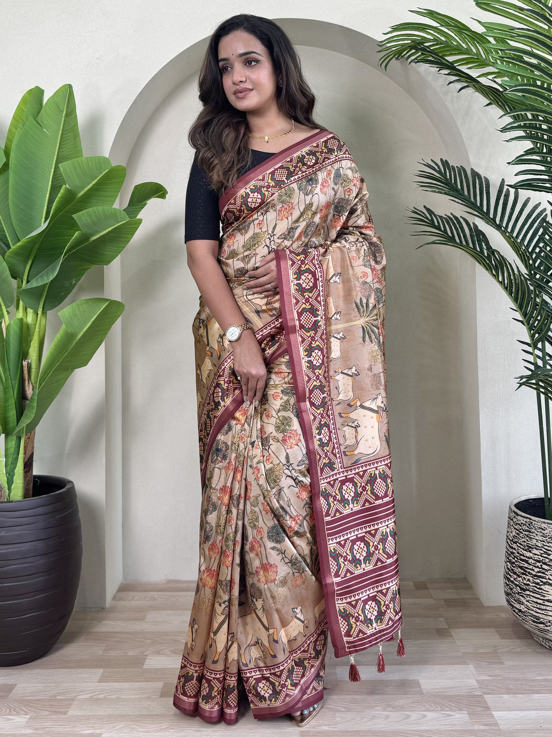 Attractive Cream Pichwai Printed Viscose Silk Saree With Blouse