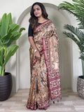 Attractive Cream Pichwai Printed Viscose Silk Saree With Blouse