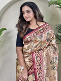 Attractive Cream Pichwai Printed Viscose Silk Saree With Blouse