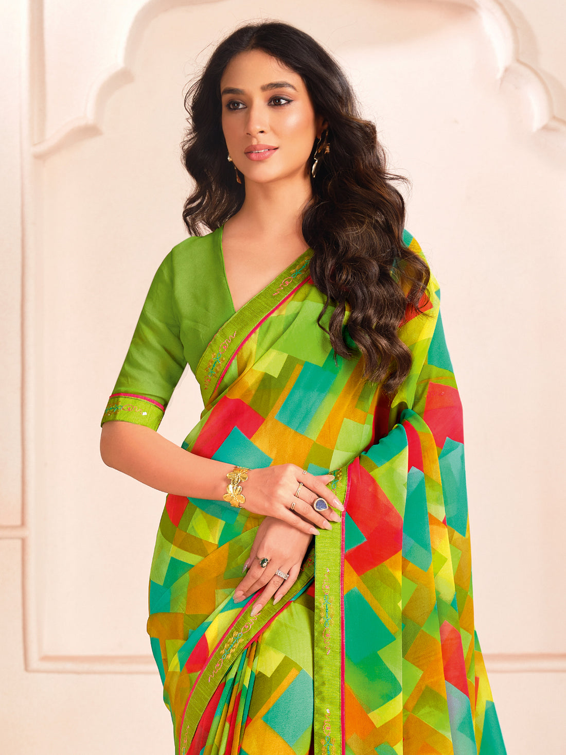 Incredible Light Green Digital Printed Georgette Evening Wear Saree With Blouse5