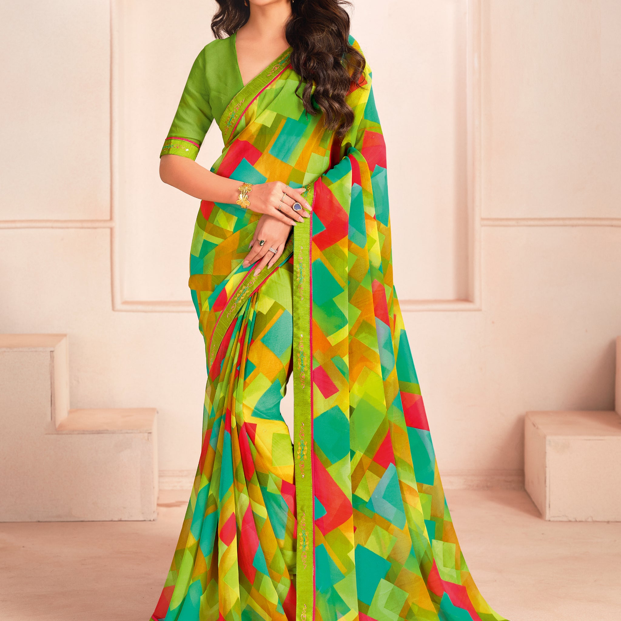 Incredible Light Green Digital Printed Georgette Evening Wear Saree With Blouse5