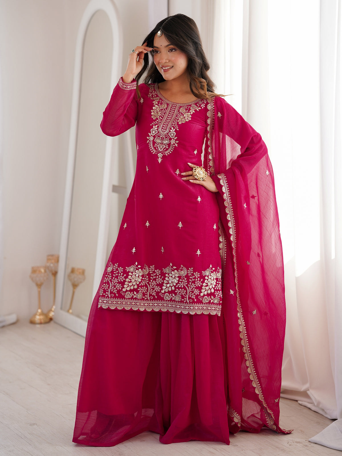 Gorgeous Rani Pink Embroidered Silk Wedding Wear Sharara Suit