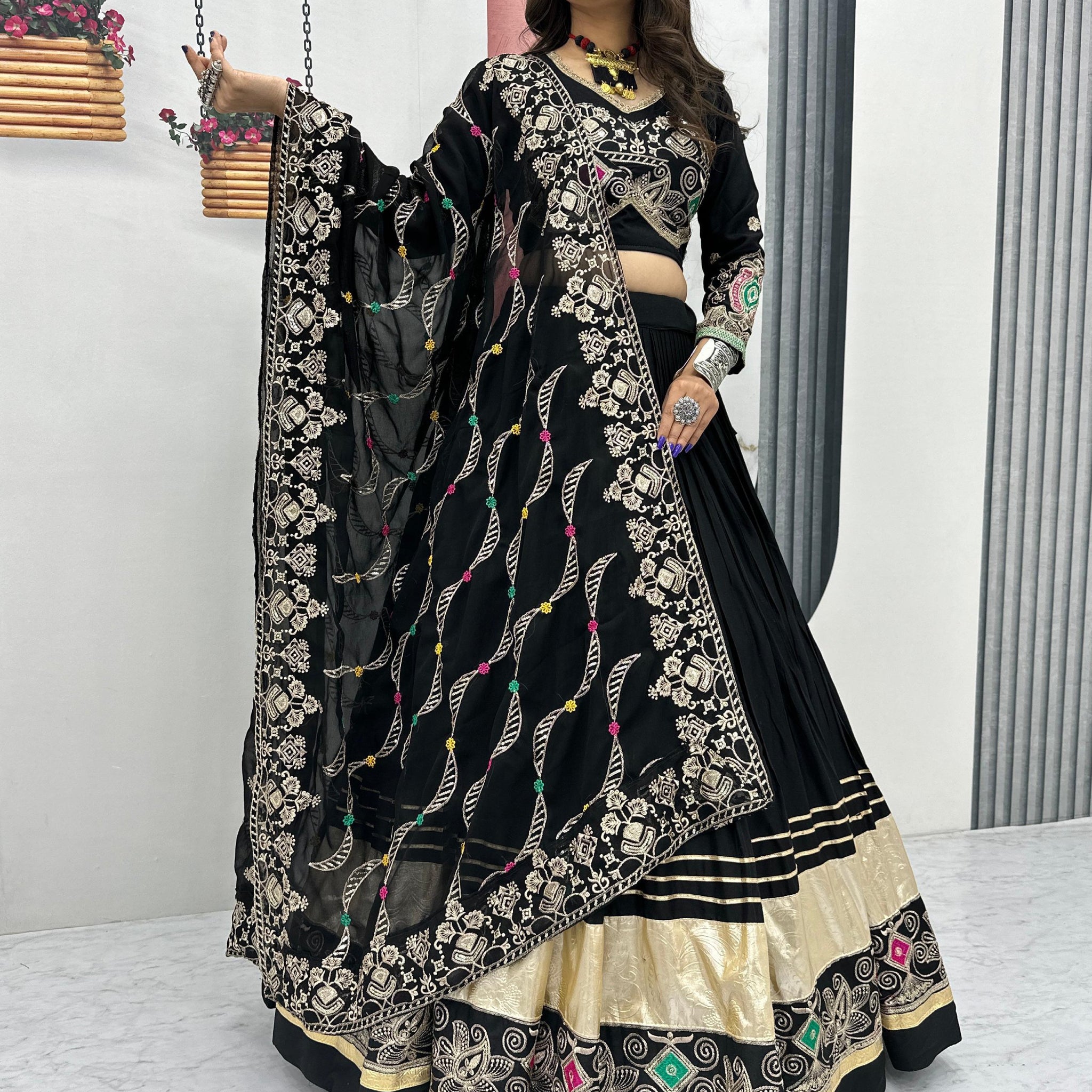 Wonderful Black Thread Embroidered Cotton Navratri Special Lehenga Choli