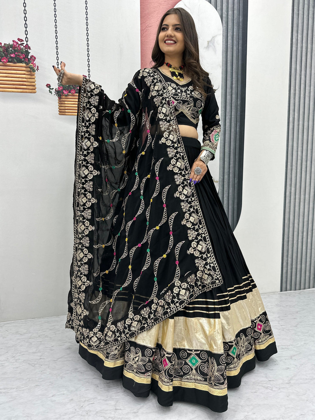 Wonderful Black Thread Embroidered Cotton Navratri Special Lehenga Choli