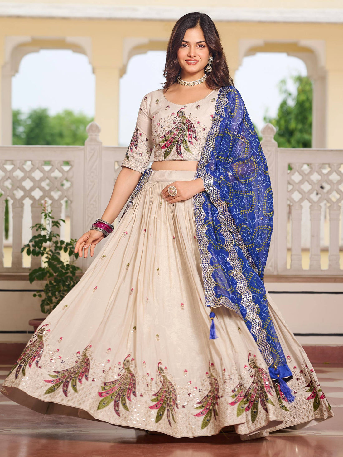 Splendid Off-White Sequins Tissue Silk Wedding Lehenga Choli With Blue Dupatta