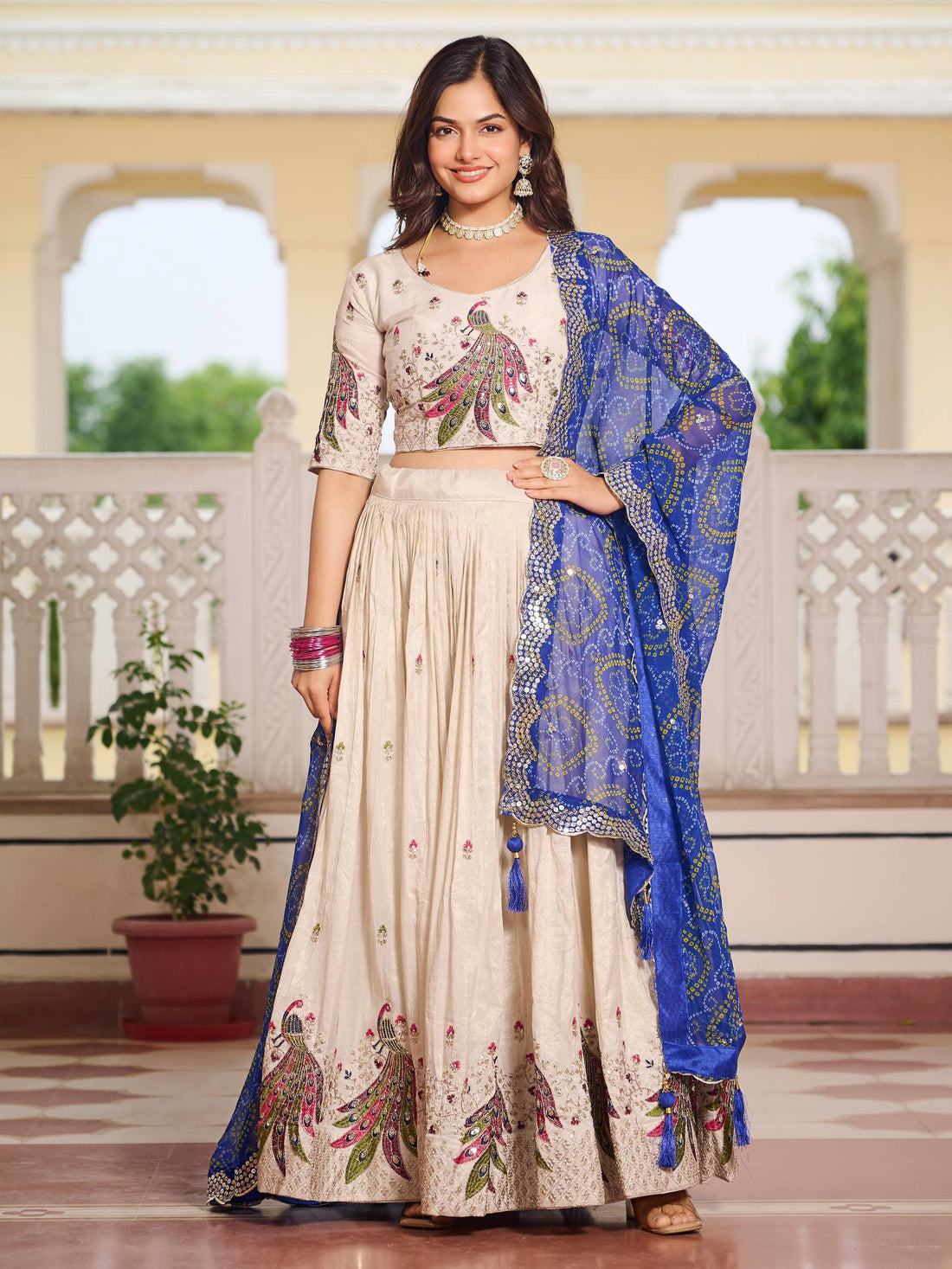 Splendid Off-White Sequins Tissue Silk Wedding Lehenga Choli With Blue Dupatta