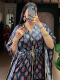Wonderful Teal Blue Printed  Gaji Silk Event Wear Kaftan