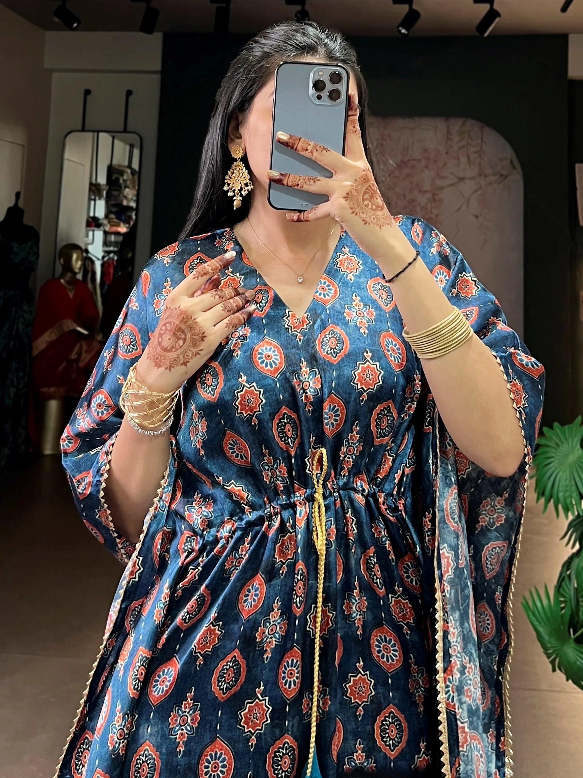 Wonderful Teal Blue Printed  Gaji Silk Event Wear Kaftan