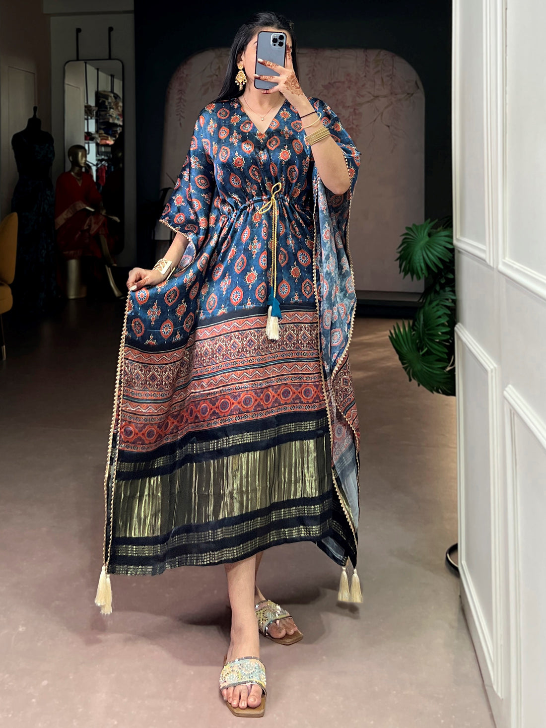 Wonderful Teal Blue Printed  Gaji Silk Event Wear Kaftan