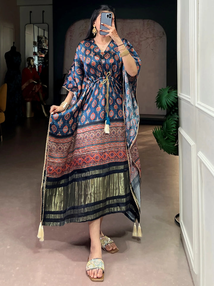 Wonderful Teal Blue Printed  Gaji Silk Event Wear Kaftan
