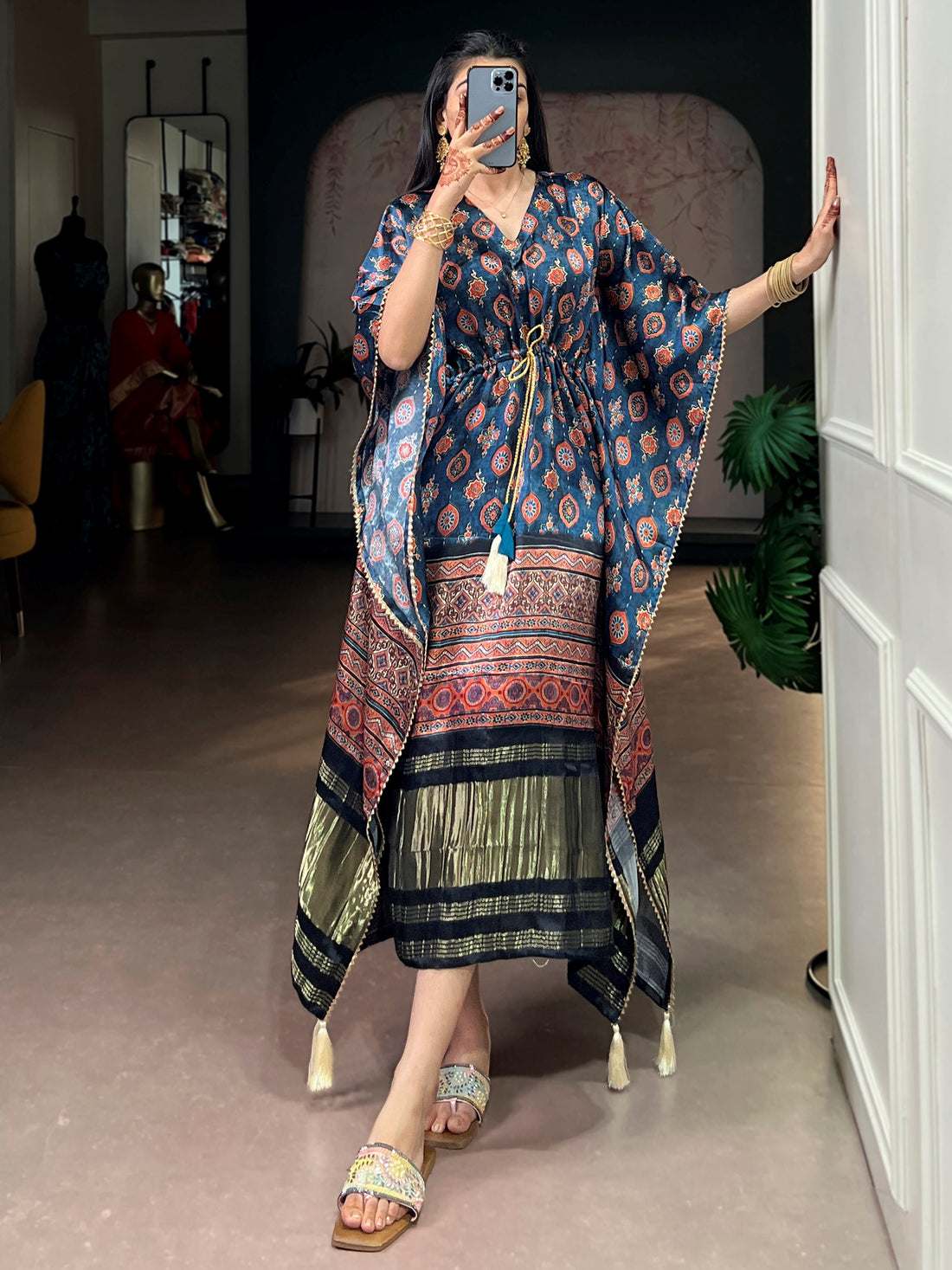 Wonderful Teal Blue Printed  Gaji Silk Event Wear Kaftan