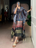 Wonderful Teal Blue Printed  Gaji Silk Event Wear Kaftan
